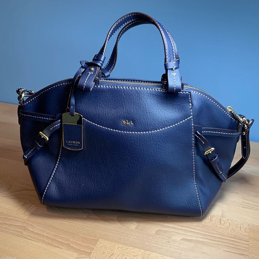 Ralph Lauren Navy Blue Leather Satchel with Gold Hardware